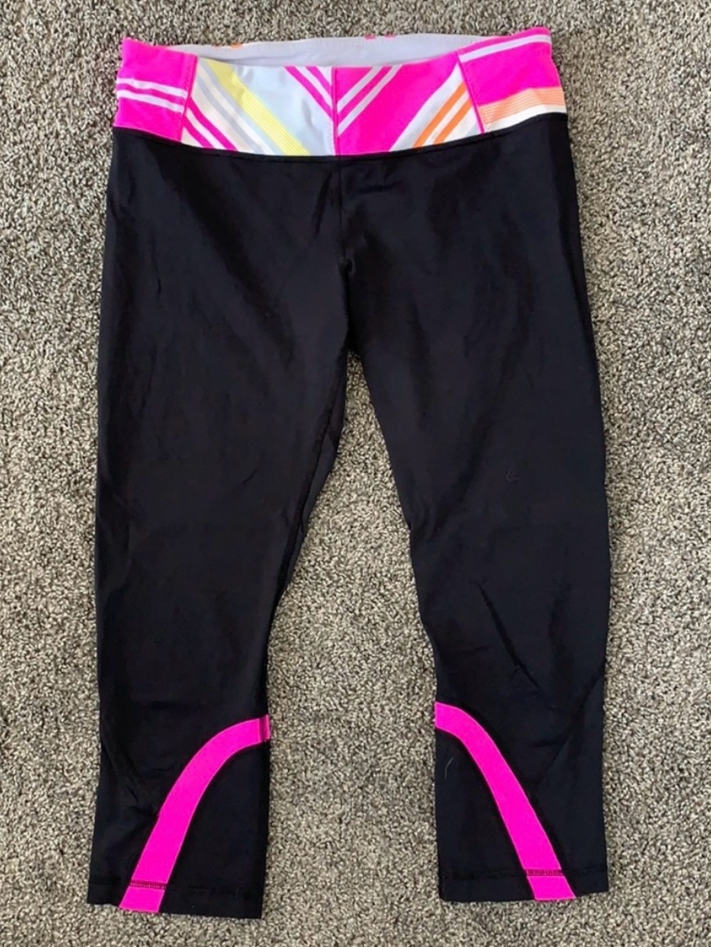 lululemon athletica Black Capri Leggings with Pink & Multicolor Waistband